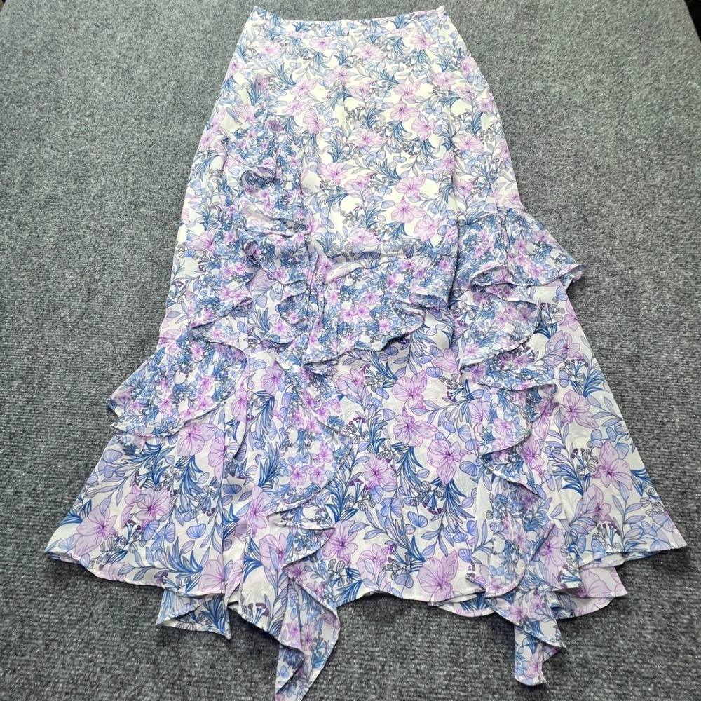 Vince Camuto Floral Ruffle Midi Skirt Purple Blue Asymmetrical Tiered Size 0